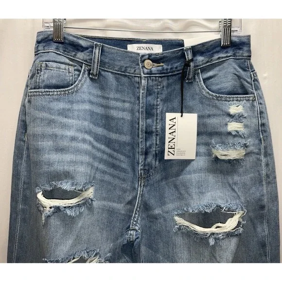 NWT Women's Zenana Wide Leg Button Fly Distresed Ripped Denim Blue Jeans 28 X 32 - Picture 2 of 7